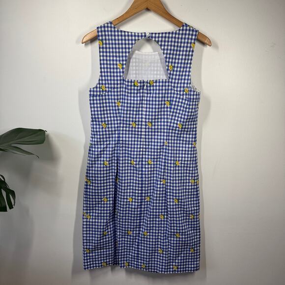 Talbots Dress Women 6 Blue Plaid Gingham Lemon Embroidery 100%Cotton Prep Shift - Picture 2 of 8